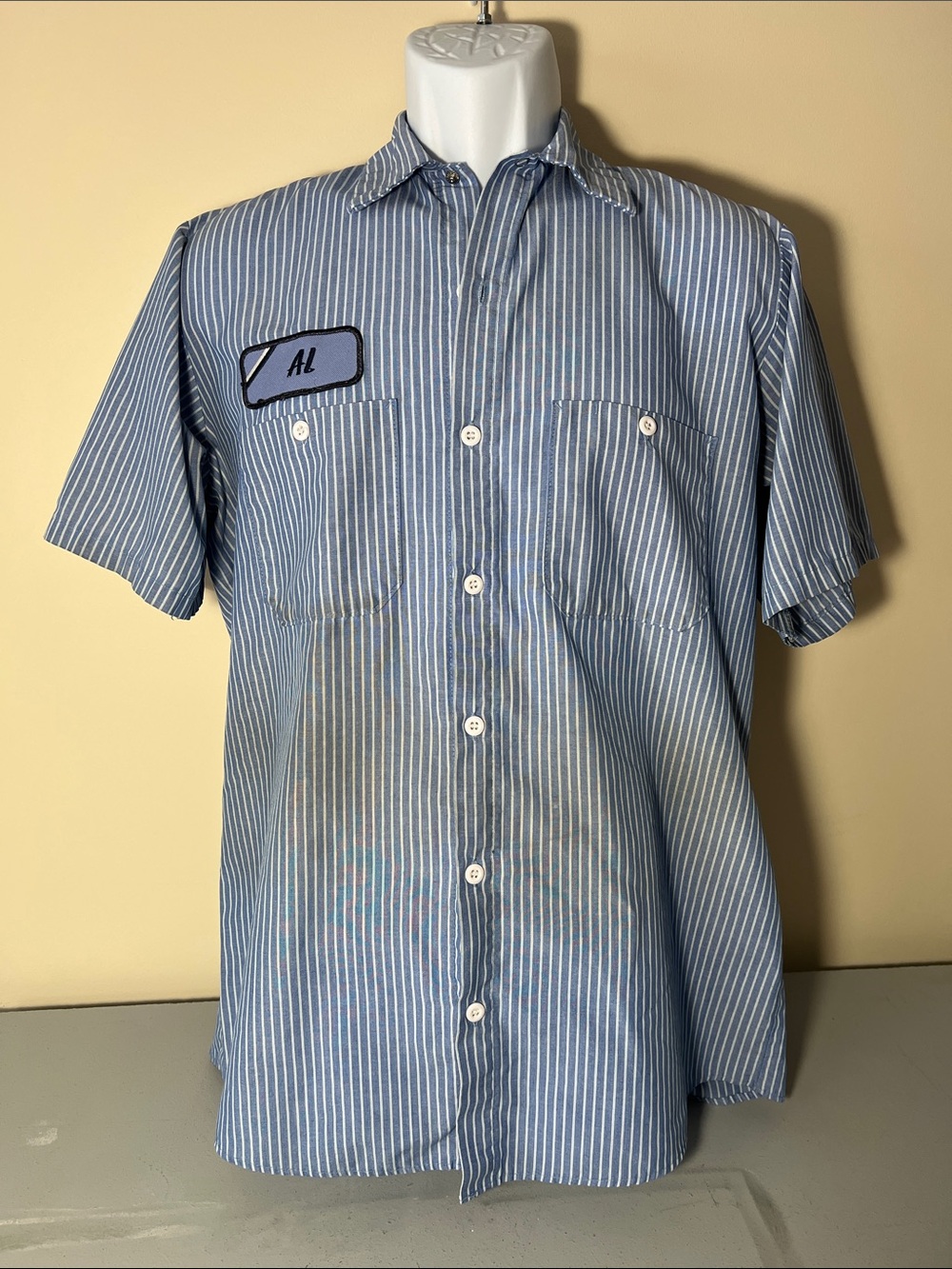 Men's Red Kap Short-Sleeve Blue Pinstripe Button-Down Work Shirt embroidered AL